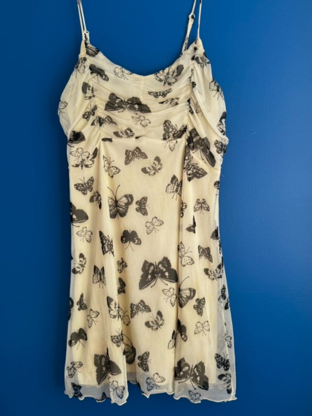 Altar'd State Lined White Butterfly Mini Dress Ruffled Detail Adj Strap- L